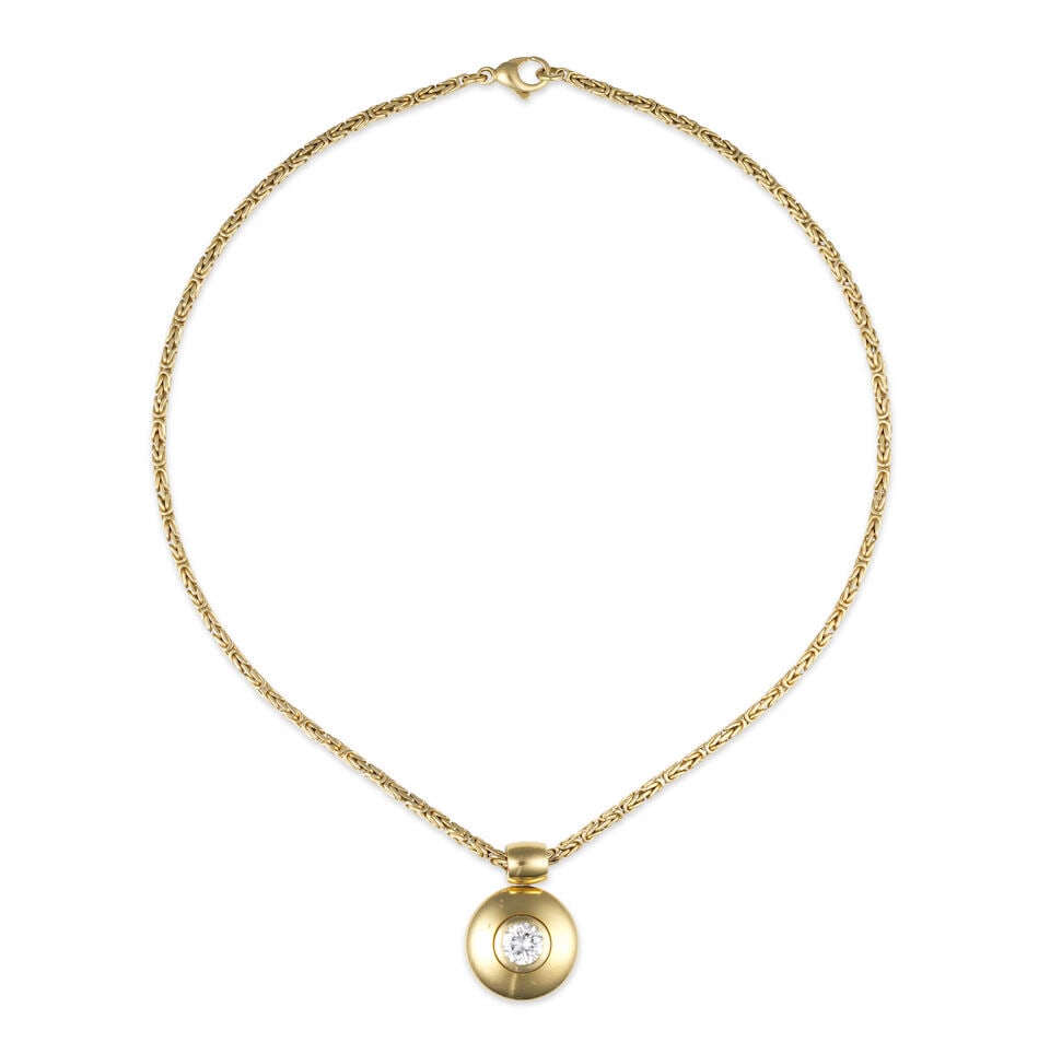DIAMOND PENDANT NECKLACE COLLIER PENDENTIF DIAMANT: DIAMOND PENDANT NECKLACE COLLIER PENDENTIF DIAMANT • French import mark for 18 carat (750 ‰) for the pendant and 14 carat (585 ‰) yellow gold for the necklace • Byzantine link 