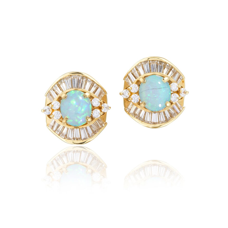 OPAL AND DIAMOND EARRINGS BOUCLES D'OREILLES OPALES ET DIAMANTS: OPAL AND DIAMOND EARRINGS BOUCLES D'OREILLES OPALES ET DIAMANTS • French import mark for 14 carat yellow gold (585 ‰) • 2 white opal cabochons • Brilliant-cut and baguette-cut 