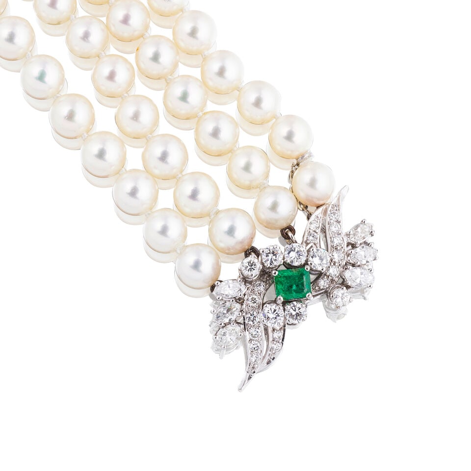 CULTURED PEARL, EMERALD AND DIAMOND BRACELET BRACELET PERLES DE CULTURE, ÉMERAUDES ET DIAMANTS - 2