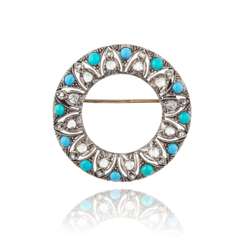 TURQUOISE AND DIAMOND BROOCH BROCHE TURQUOISES ET DIAMANTS: TURQUOISE AND DIAMOND BROOCH BROCHE TURQUOISES ET DIAMANTS • French import mark for silver (800 ‰) and 9 carat gold (375 ‰) • 12 turquoise cabochons • 24 rose-cut