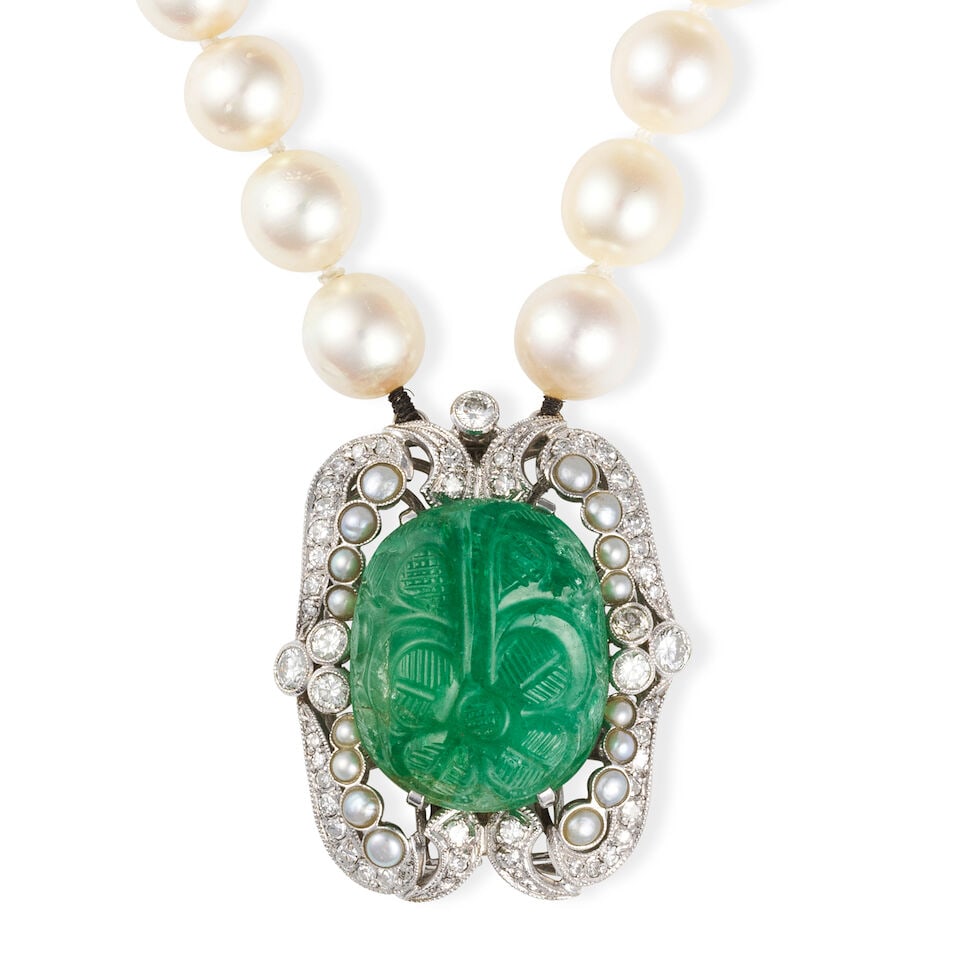 CULTURED PEARL, EMERALD AND DIAMOND NECKLACE COLLIER PERLES DE CULTURE, ÉMERAUDES ET DIAMANTS - 2