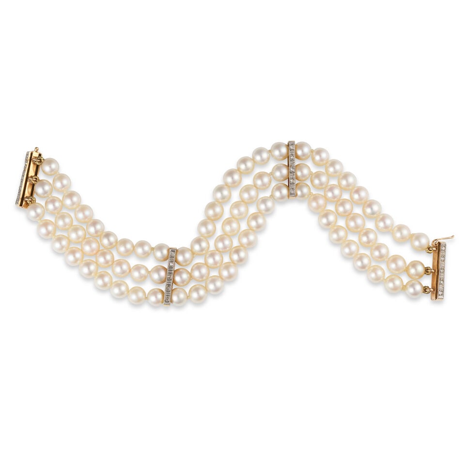 CULTURED PEARL AND DIAMOND NECKLACE AND BRACELET SUITE ENSEMBLE COLLIER ET BRACELET PERLES DE CU... - 3