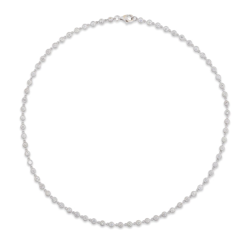 DIAMOND NECKLACE COLLIER DIAMANTS: DIAMOND NECKLACE COLLIER DIAMANTS • French import mark for 18 carat white gold (750 ‰) ​ • Brilliant-cut diamonds weighing approximately 4-4.40 cts total ​ • Length