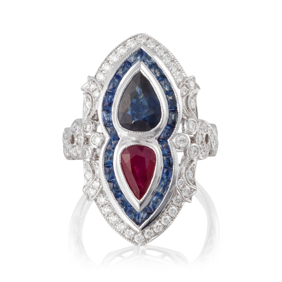 RUBY, SAPPHIRE AND DIAMOND RING BAGUE RUBIS, SAPHIRS ET DIAMANTS - 2