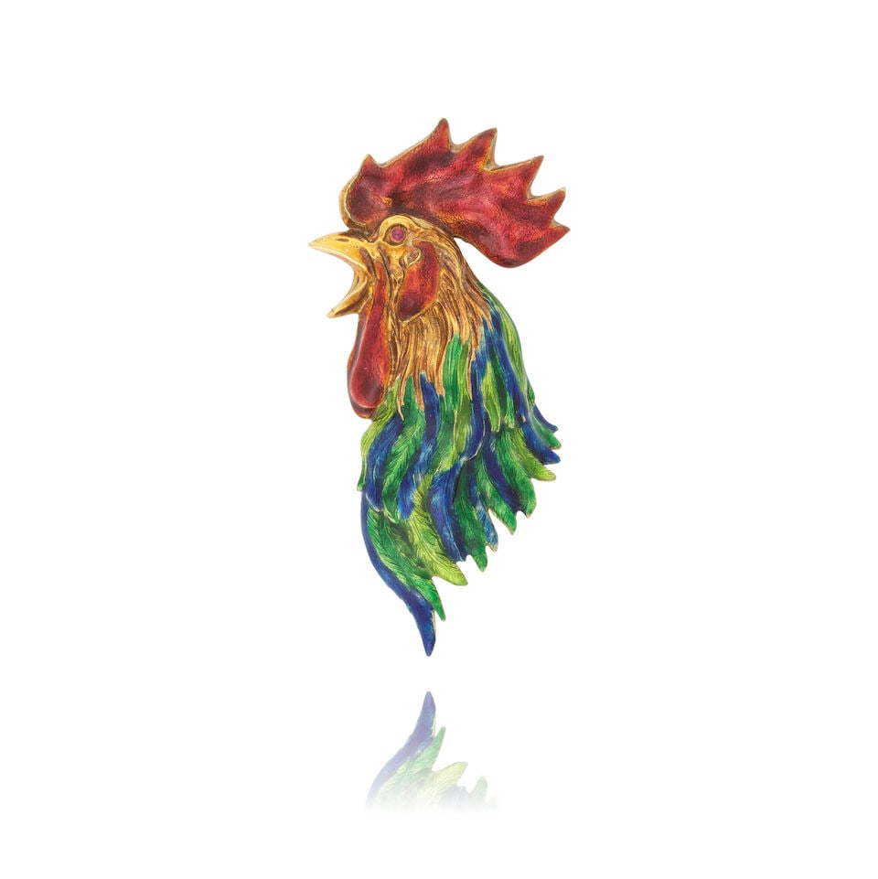 ENAMEL AND RUBY 'ROOSTER' BROOCH BROCHE 'COQ' EMAIL ET RUBIS: ENAMEL AND RUBY 'ROOSTER' BROOCH BROCHE 'COQ' EMAIL ET RUBIS • French assay mark for 18 carat yellow gold (750 ‰) • Of rooster design • 1 ruby cabochon on the eye • Red,