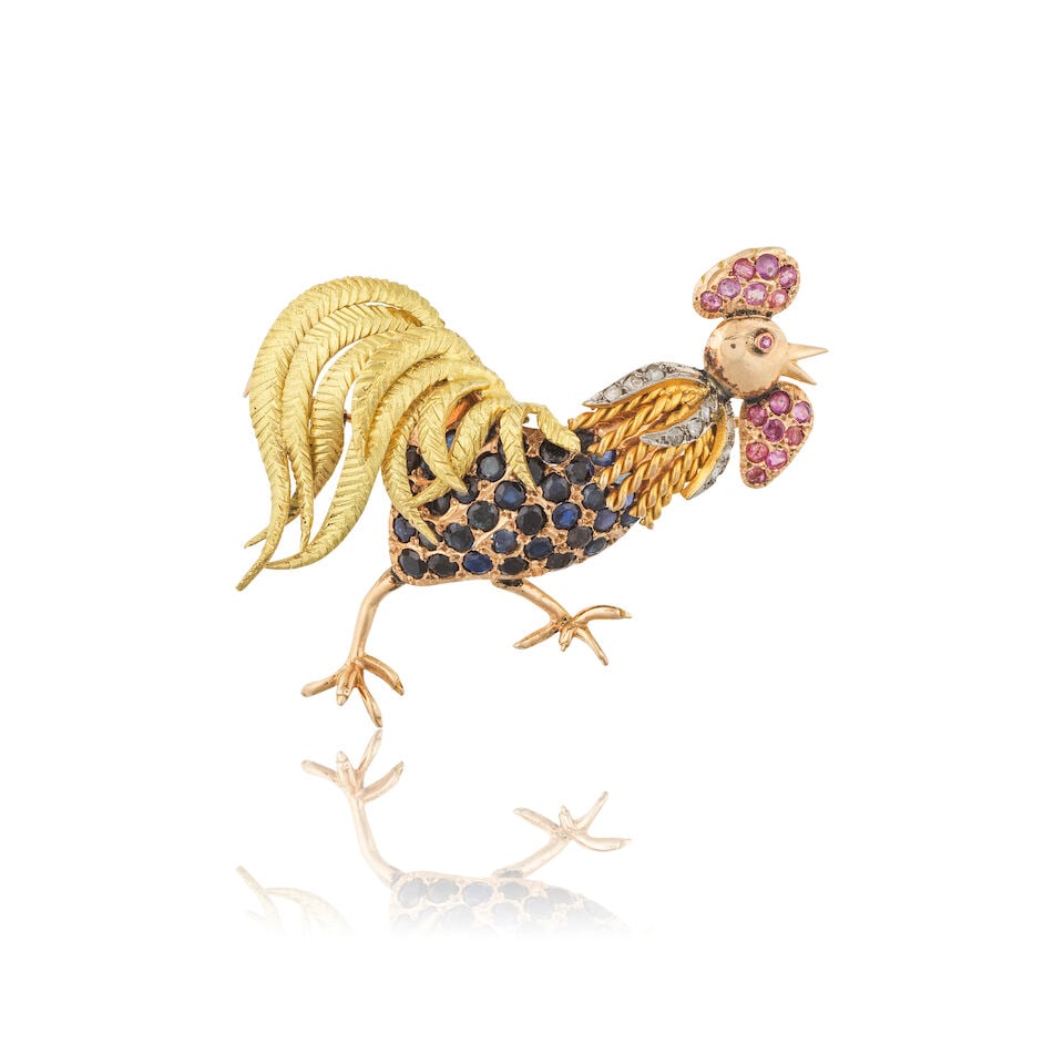 SAPPHIRE, RUBY AND DIAMOND 'ROOSTER' BROOCH BROCHE SAPHIRS, RUBIS ET DIAMANTS: SAPPHIRE, RUBY AND DIAMOND 'ROOSTER' BROOCH BROCHE SAPHIRS, RUBIS ET DIAMANTS • French import marks for 14 carat yellow, pink gold (585 ‰) and for platinum (850 ‰) • Of