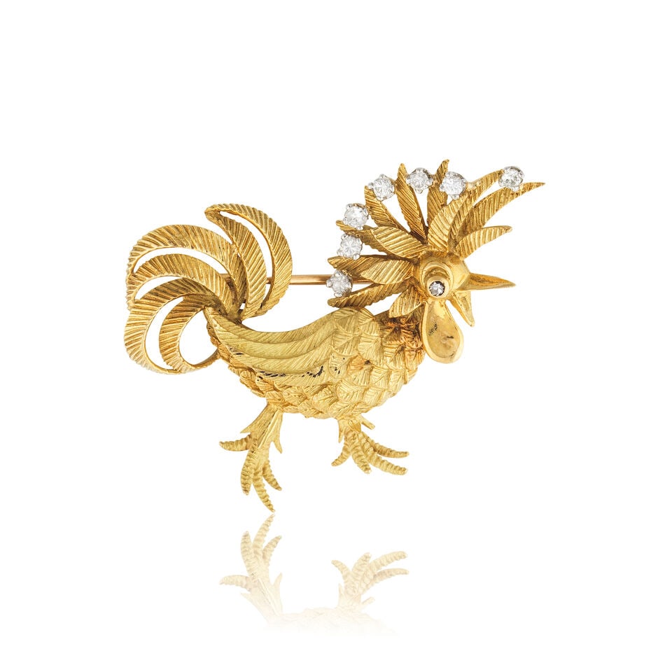 DIAMOND 'ROOSTER' BROOCH BROCHE 'COQ' DIAMANTS: DIAMOND 'ROOSTER' BROOCH BROCHE 'COQ' DIAMANTS • French assay marks for 18 carat yellow gold (750 ‰) and platinum (850 ‰) • 8 brilliant-cut diamonds weighing approximately 0.25