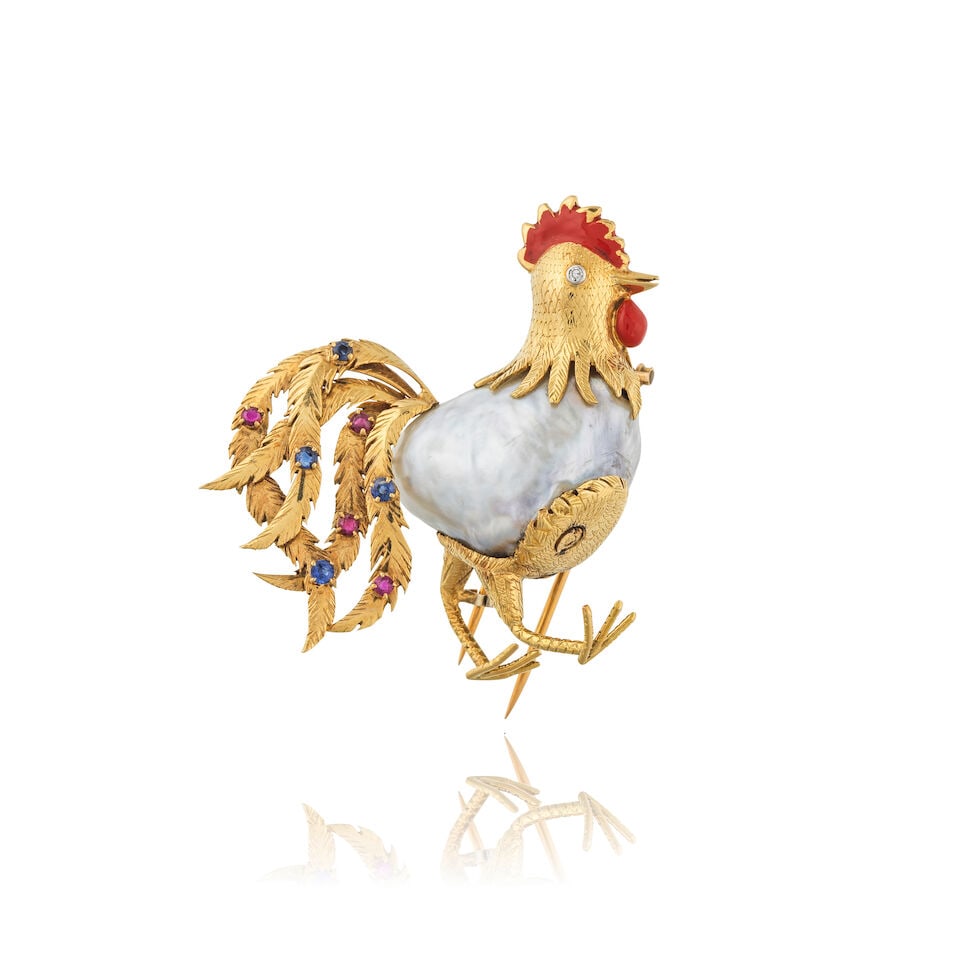 ENAMEL, PEARL, RUBY, SAPPHIRE AND DIAMOND 'ROOSTER' BROOCH BROCHE 'COQ' EMAIL, PERLE, RUBIS, SA...: ENAMEL, PEARL, RUBY, SAPPHIRE AND DIAMOND 'ROOSTER' BROOCH BROCHE 'COQ' EMAIL, PERLE, RUBIS, SAPHIRS ET DIAMANT • French assay mark for 18 carat yellow and white gold (750 ‰) • Of ro