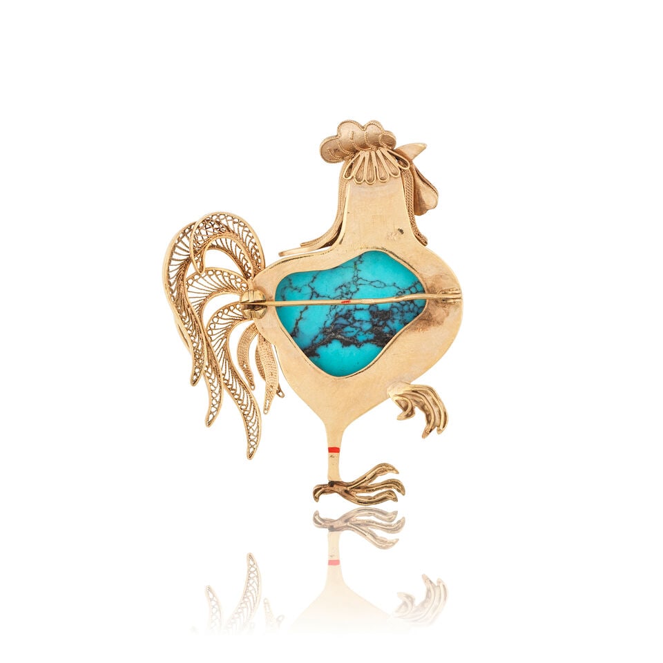 RUBY TURQUOISE AND ENAMEL'ROOSTER' BROOCH BROCHE 'COQ' RUBIS, TURQUOISE ET EMAIL - 2