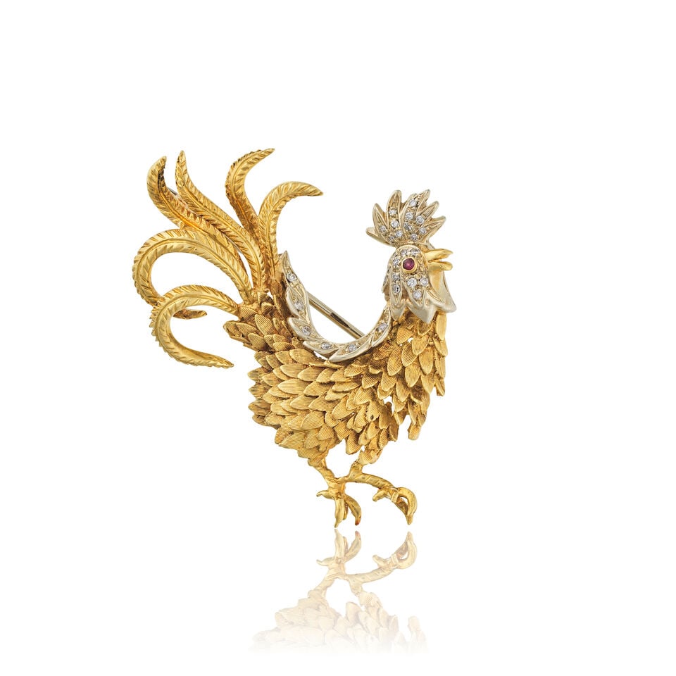 DIAMOND 'ROOSTER' BROOCH BROCHE 'COQ' DIAMANTS: DIAMOND 'ROOSTER' BROOCH BROCHE 'COQ' DIAMANTS • French import mark for 18 carat yellow and white gold (750 ‰) • 1 circular-shaped ruby • Several brilliant-cut