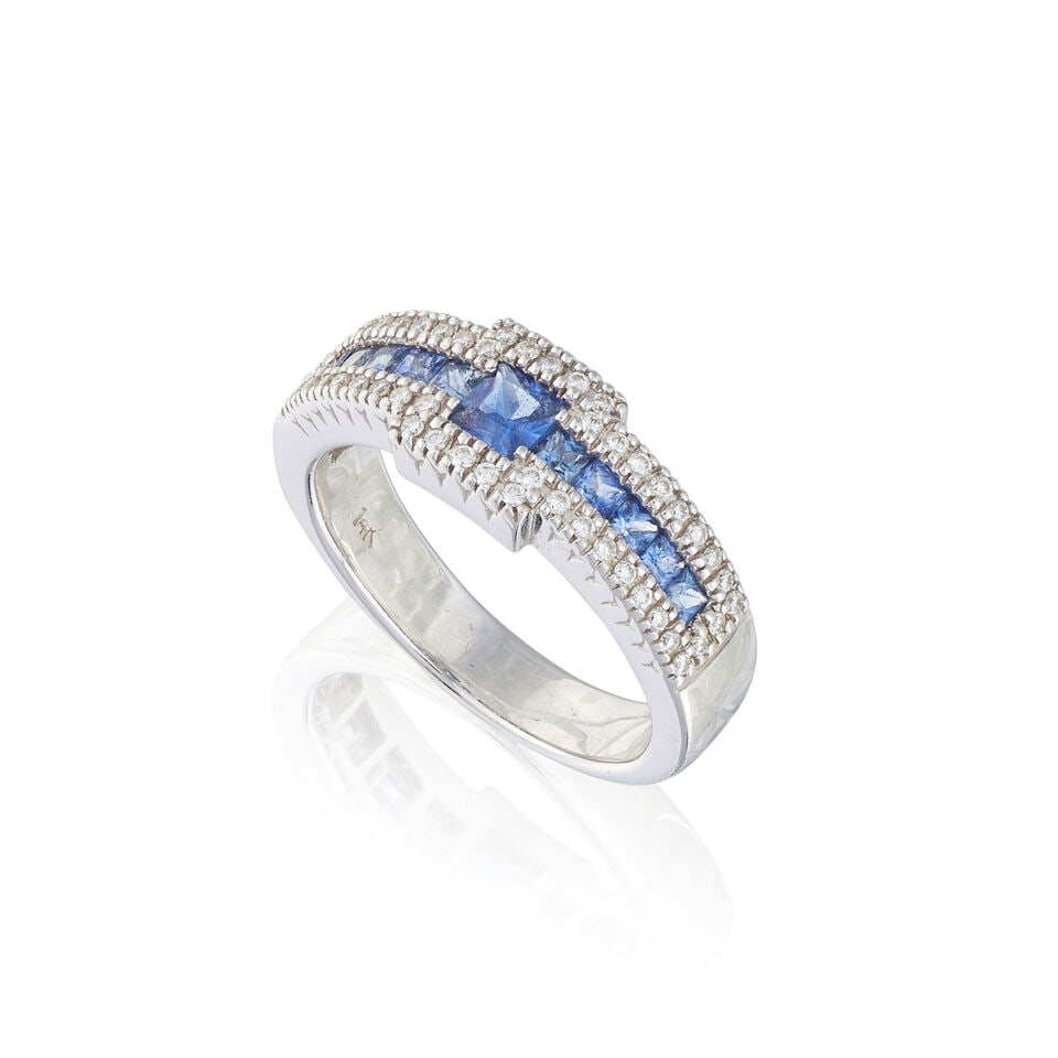 SAPPHIRE AND DIAMOND RING BAGUE SAPHIRS ET DIAMANTS: SAPPHIRE AND DIAMOND RING BAGUE SAPHIRS ET DIAMANTS • French import mark for 14 carat white gold (585 ‰) • 11 square-shaped sapphires weighing approximately 0.55 ct total