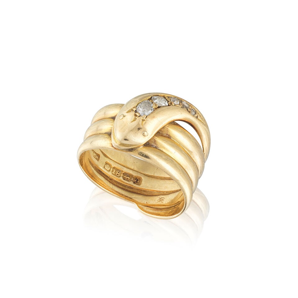 DIAMOND 'SNAKE' RING BAGUE 'SERPENT' DIAMANTS: DIAMOND 'SNAKE' RING BAGUE 'SERPENT' DIAMANTS • French import mark for 18 carat yellow gold (750 ‰) ​ • 5 old-brilliant-cut and rose-cut diamonds weighing approximately 0.17