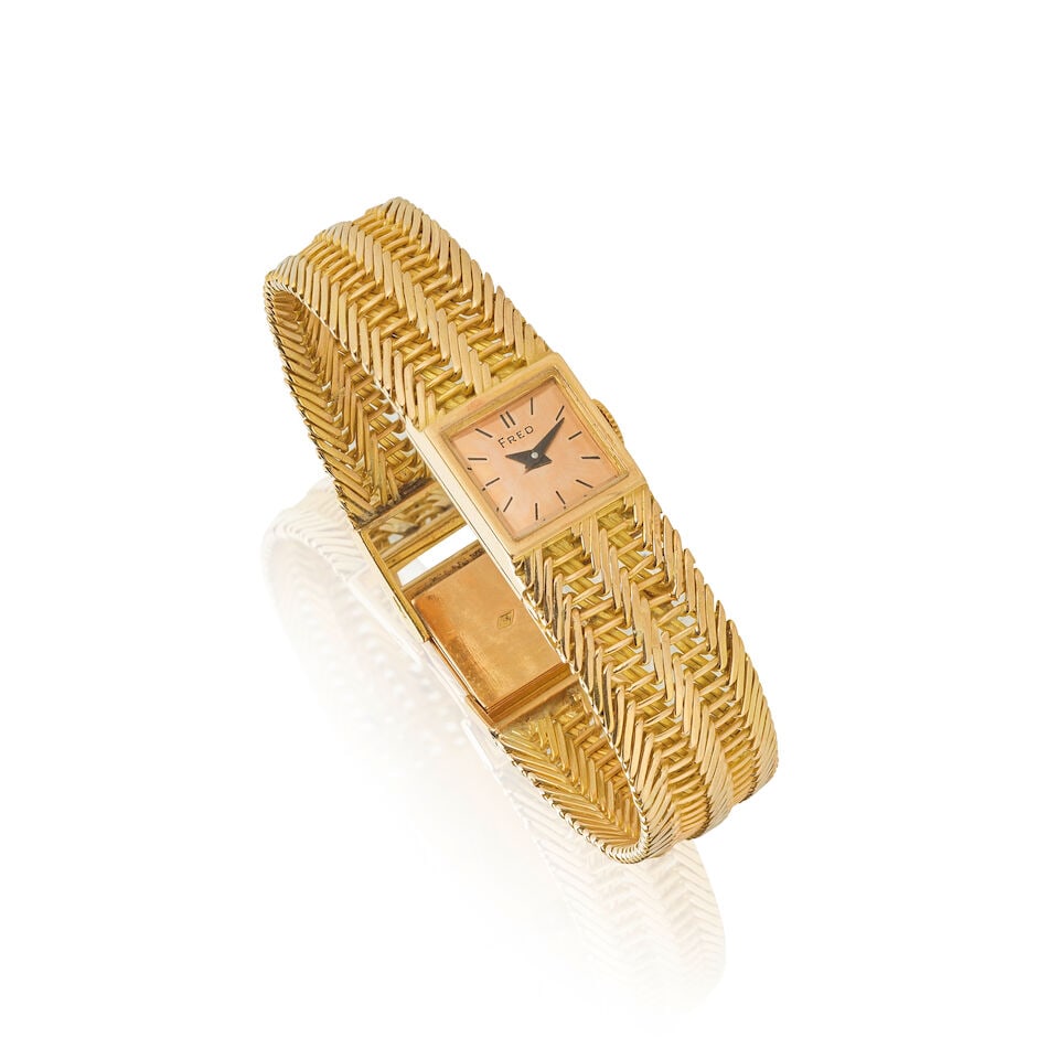 FRED: LADY'S GOLD WATCH, CIRCA 1950 FRED: MONTRE DE DAME EN OR, CIRCA 1950: FRED: LADY'S GOLD WATCH, CIRCA 1950 FRED: MONTRE DE DAME EN OR, CIRCA 1950 • French assay mark for 18 carat yellow gold (750 ‰) • Mechanical movement • Dial signed