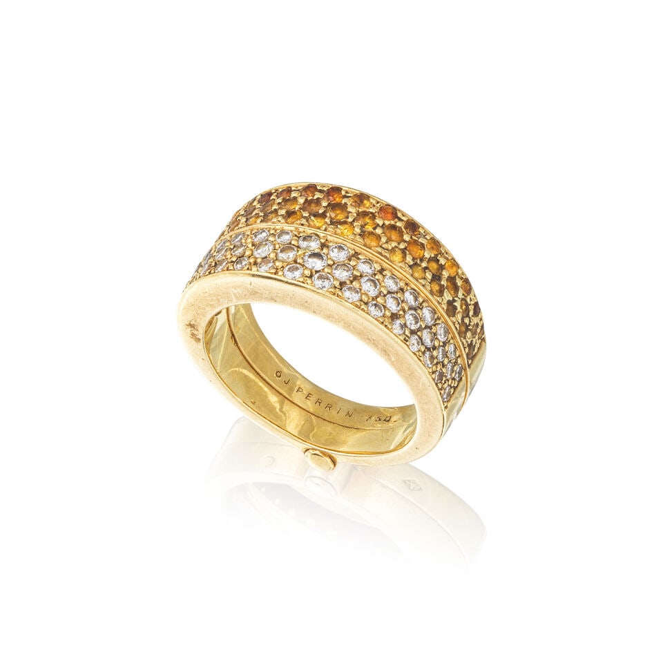 OJ PERRIN: SAPPHIRE AND DIAMOND RING OJ PERRIN: BAGUE SAPHIRS ET DIAMANTS: OJ PERRIN: SAPPHIRE AND DIAMOND RING OJ PERRIN: BAGUE SAPHIRS ET DIAMANTS • French assay marks for 18 carat yellow gold (750 ‰) • Forming two sliding rings • 47 brilliant-cut