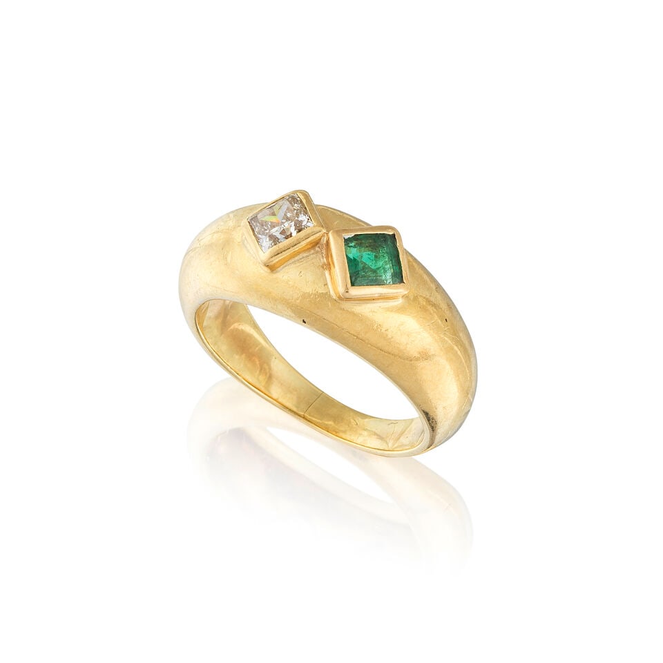 EMERALD AND DIAMOND RING BAGUE ÉMERAUDE ET DIAMANT: EMERALD AND DIAMOND RING BAGUE ÉMERAUDE ET DIAMANT • French import mark for 18 carat yellow gold (750 ‰) • Set with an square shaped emerald weighing approximately 0.18