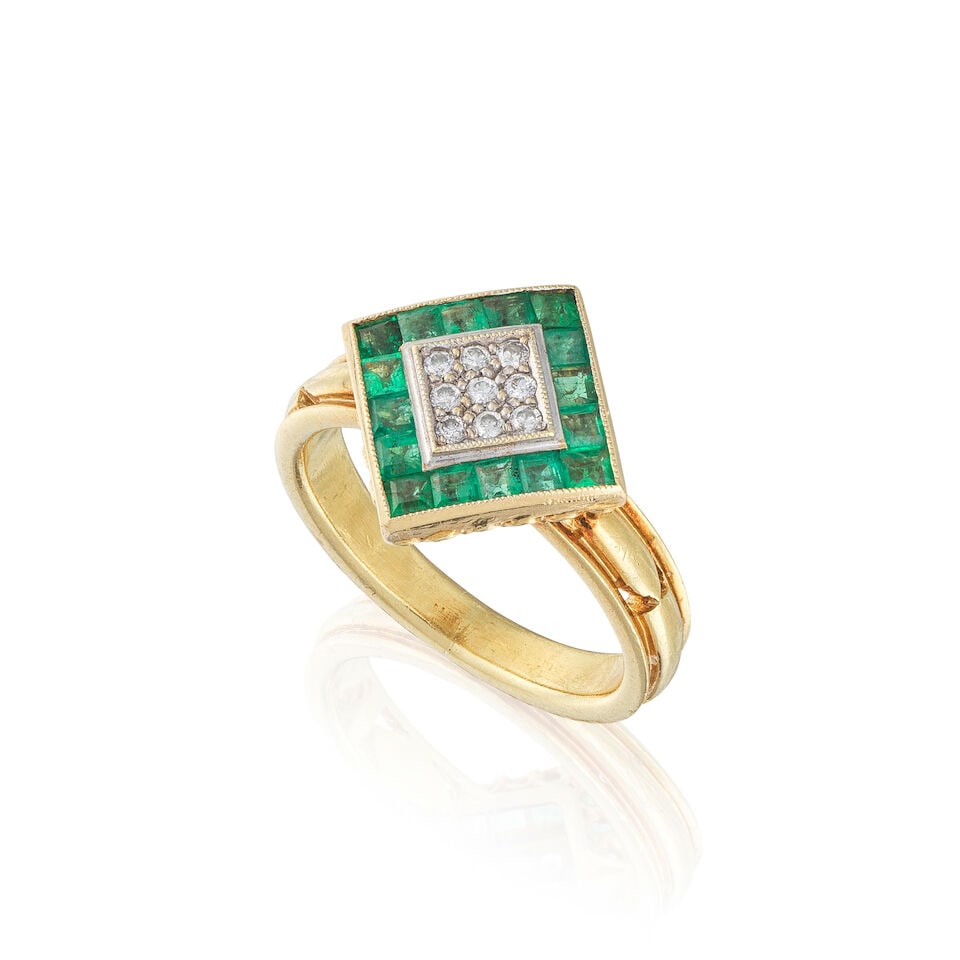 EMERALD AND DIAMOND RING BAGUE ÉMERAUDE ET DIAMANTS: EMERALD AND DIAMOND RING BAGUE ÉMERAUDE ET DIAMANTS • French import mark for 18 carat yellow and white gold (750 ‰) • Calibré-cut emeralds ​weighing approximately
