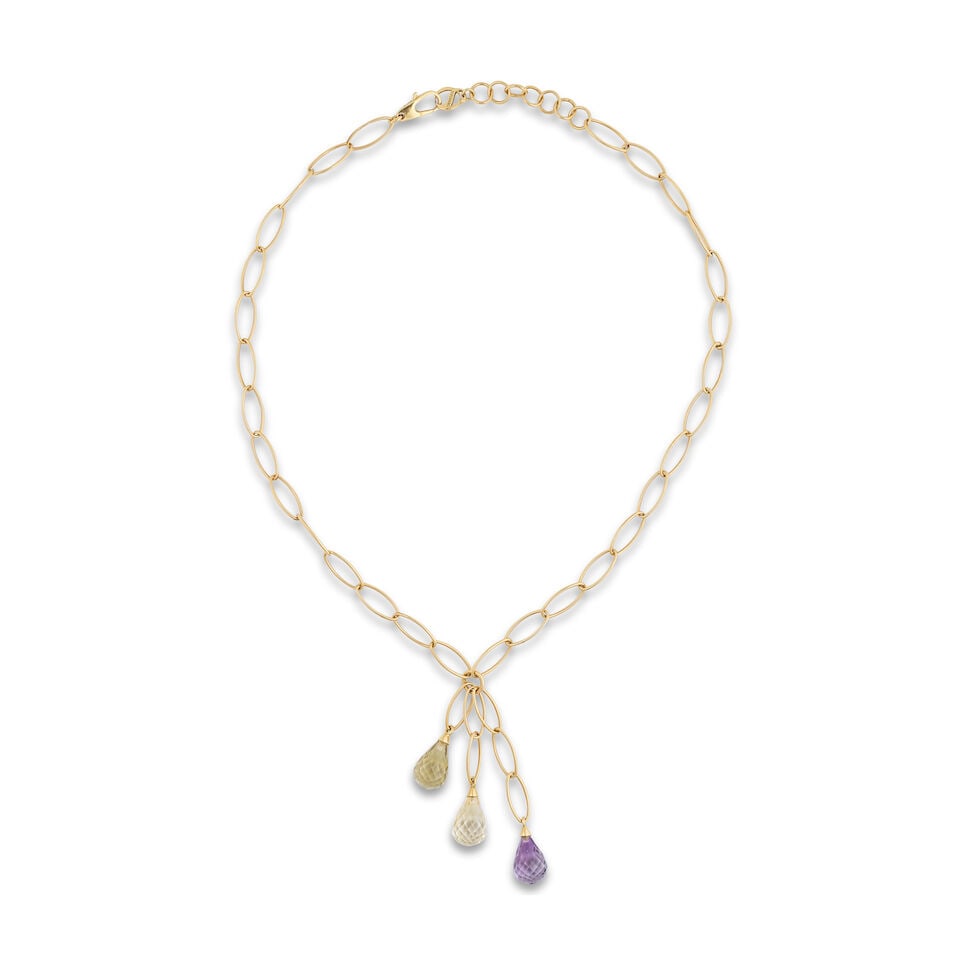 GEM-SET NECKLACE COLLIER PIERRES DE COULEUR: GEM-SET NECKLACE COLLIER PIERRES DE COULEUR • French import mark for 18 carat yellow gold (750 ‰) • Holding 3 briolette-cut of amethyst, citrine and rock crystal • Length 48 cm