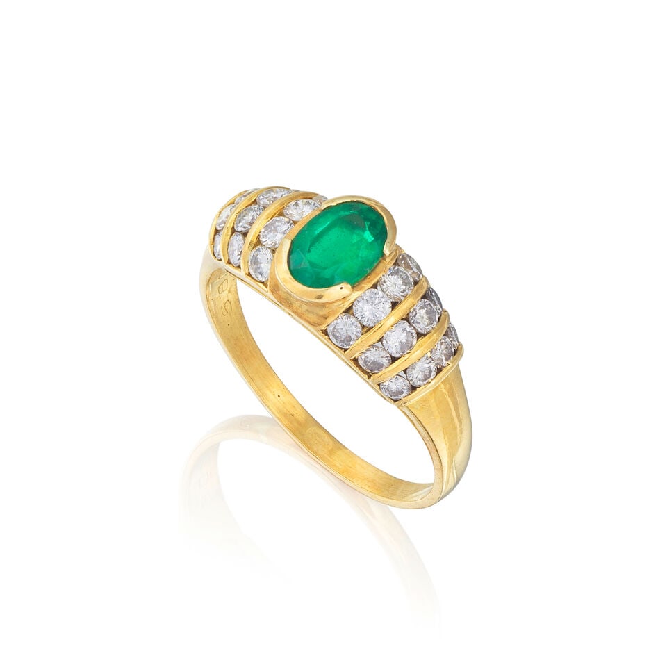 EMERALD AND DIAMOND RING BAGUE ÉMERAUDE ET DIAMANTS: EMERALD AND DIAMOND RING BAGUE ÉMERAUDE ET DIAMANTS • French import mark for 18 carat yellow gold (750 ‰) ​ • Oval-cut emerald weighing approximately 0.65 carat •