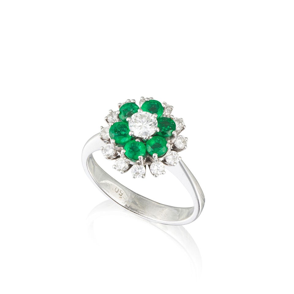 EMERALD AND DIAMOND RING BAGUE ÉMERAUDE DIAMANTS: EMERALD AND DIAMOND RING BAGUE ÉMERAUDE DIAMANTS • French import mark for 18 carat white gold (750 ‰) ​ • 6 circular-cut emeralds weighing approximately 0.60 ct total