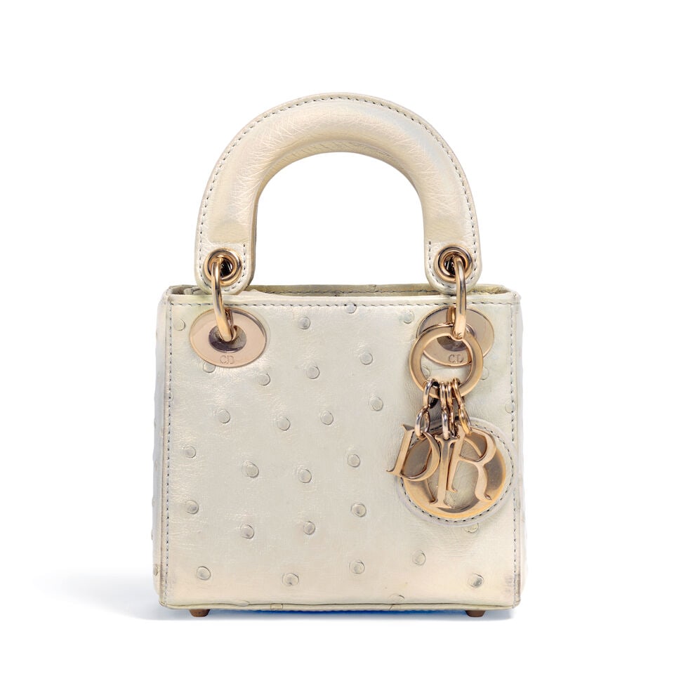 CHRISTIAN DIOR: IRIDESCENT METALLIC COATED OSTRICH MICRO LADY DIOR 2022 | Maria Grazia Chiuri: CHRISTIAN DIOR: IRIDESCENT METALLIC COATED OSTRICH MICRO LADY DIOR 2022 | Maria Grazia Chiuri • Iridescent Metallic Ostrich Exterior • Brushed Gold Tone Hardware and Protective Feet at