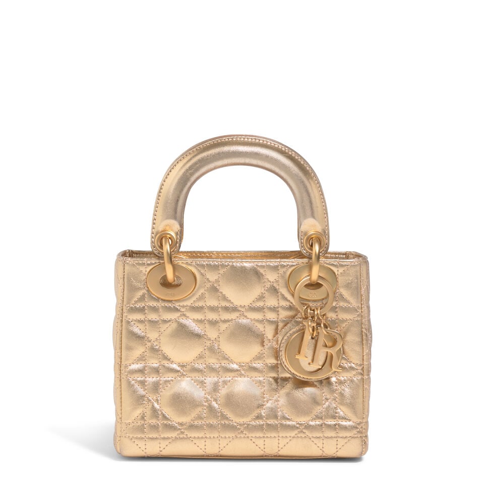 CHRISTIAN DIOR: METALLIC GOLD CANNAGE LEATHER MINI LADY DIOR 1997 | John Galliano: CHRISTIAN DIOR: METALLIC GOLD CANNAGE LEATHER MINI LADY DIOR 1997 | John Galliano • Metallic Gold Cannage Quilted Leather Exterior • Brushed Gold Tone Hardware and Protective Feet at Base