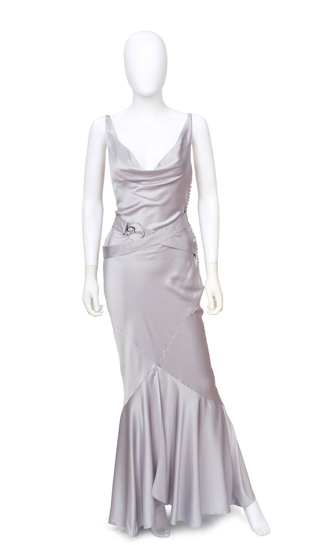 CHRISTIAN DIOR: SLATE BLUE SILK BIAS CUT BELTED LOGO GOWN Fall/Winter 2004 | John Galliano (1 of 4)