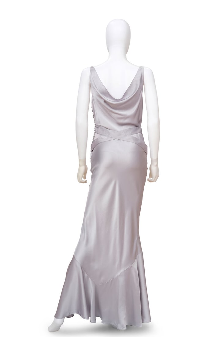 CHRISTIAN DIOR: SLATE BLUE SILK BIAS CUT BELTED LOGO GOWN Fall/Winter 2004 | John Galliano - 4