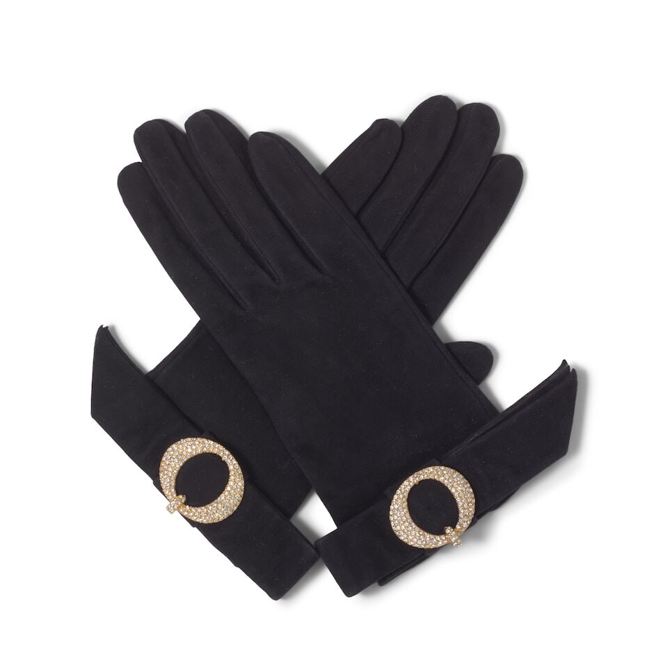 CHRISTIAN DIOR: BLACK SUEDE EMBELLISHED GLOVES (1 of 2)