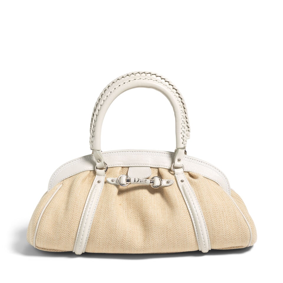 CHRISTIAN DIOR: RAFFIA AND LEATHER MY DIOR SMALL FRAME SATCHEL 2007 | John Galliano: CHRISTIAN DIOR: RAFFIA AND LEATHER MY DIOR SMALL FRAME SATCHEL 2007 | John Galliano • Neutral Raffia Exterior with White Leather Trim Detail • Silver Tone Hardware and Dior Logo Cutout Buc