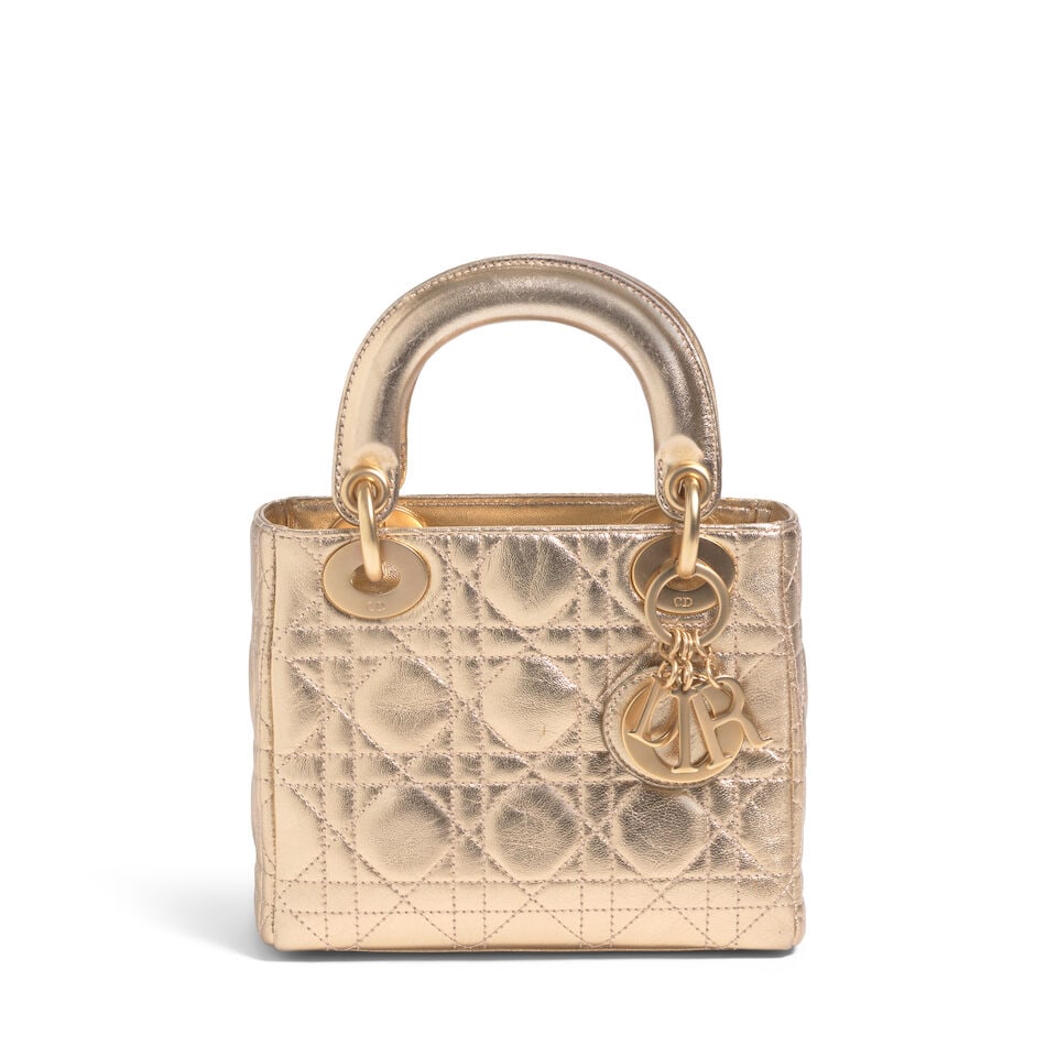 CHRISTIAN DIOR: METALLIC GOLD CANNAGE LEATHER MINI LADY DIOR 1997 | John Galliano: CHRISTIAN DIOR: METALLIC GOLD CANNAGE LEATHER MINI LADY DIOR 1997 | John Galliano • Metallic Gold Lambskin Cannage Quilted Exterior • Brushed Gold Tone Hardware and Protective Feet at Base