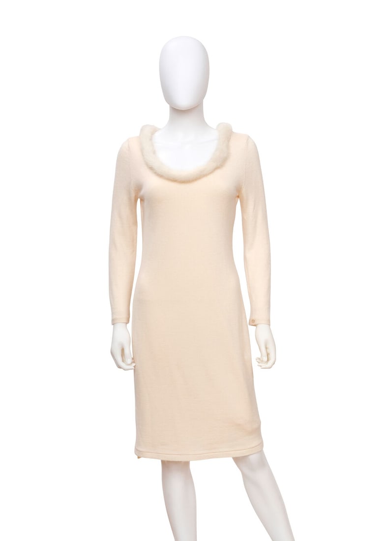 CHRISTIAN DIOR: CREAM FUR TRIM CASHMERE KNIT DRESS Fall 2008 | John Galliano (1 of 2)