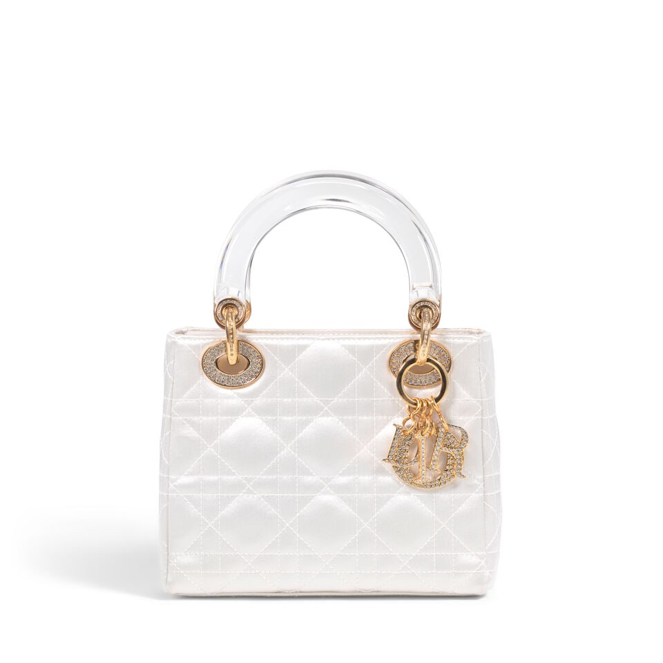 CHRISTIAN DIOR: CREAM CANNAGE SATIN MINI LADY DIOR 2000 | John Galliano: CHRISTIAN DIOR: CREAM CANNAGE SATIN MINI LADY DIOR 2000 | John Galliano • Cream Satin Cannage Quilted Exterior • Gold Tone Hardware with Crystal Embellishment Detail • Fold In Flap C