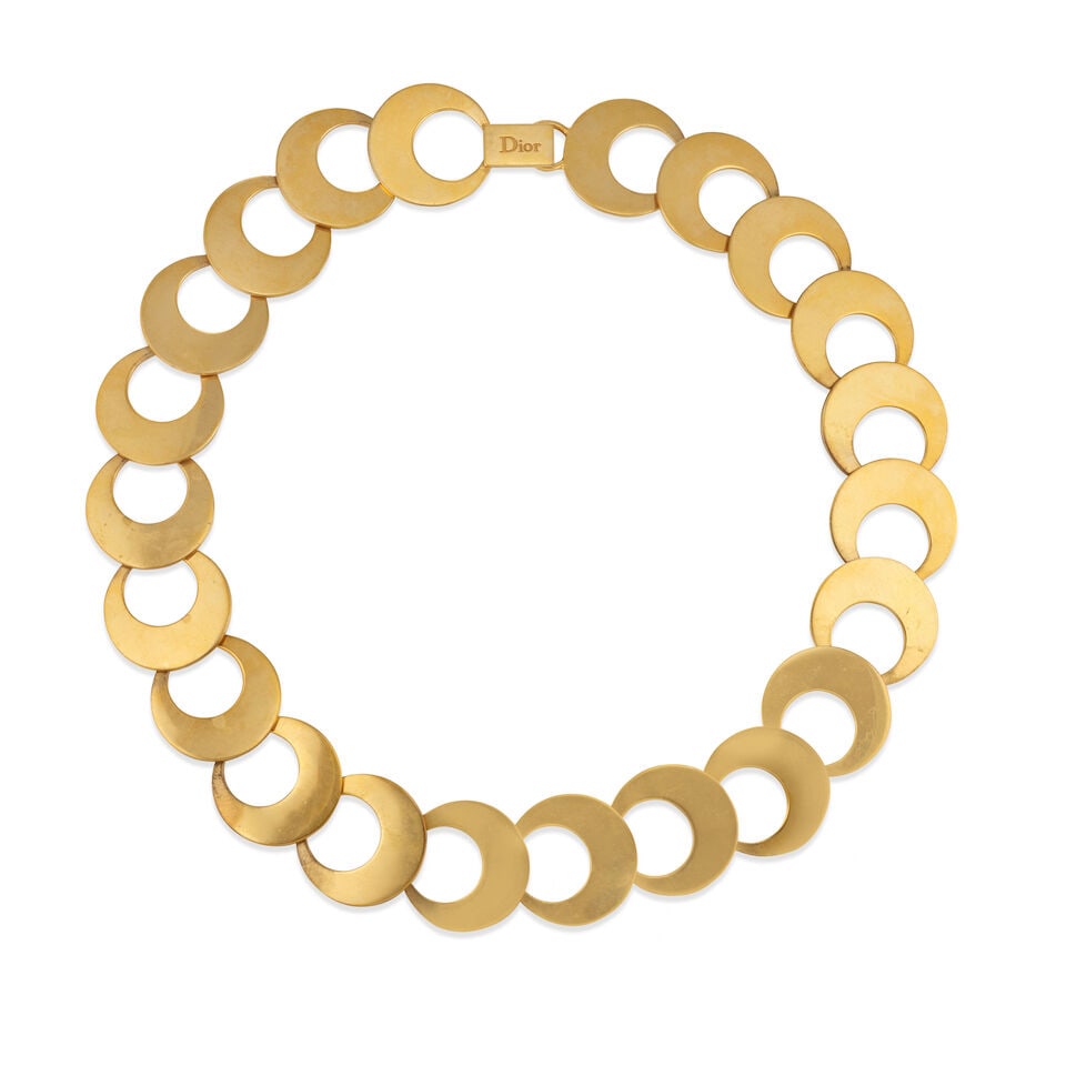 CHRISTIAN DIOR: CRESCENT MOON NECKLACE Early 2000's | John Galliano: CHRISTIAN DIOR: CRESCENT MOON NECKLACE Early 2000's | John Galliano • Gold Tone Crescent Moon Detail • Hook Closure • Measures 20cm Total Length Footnotes: Archival Notes: • Fe