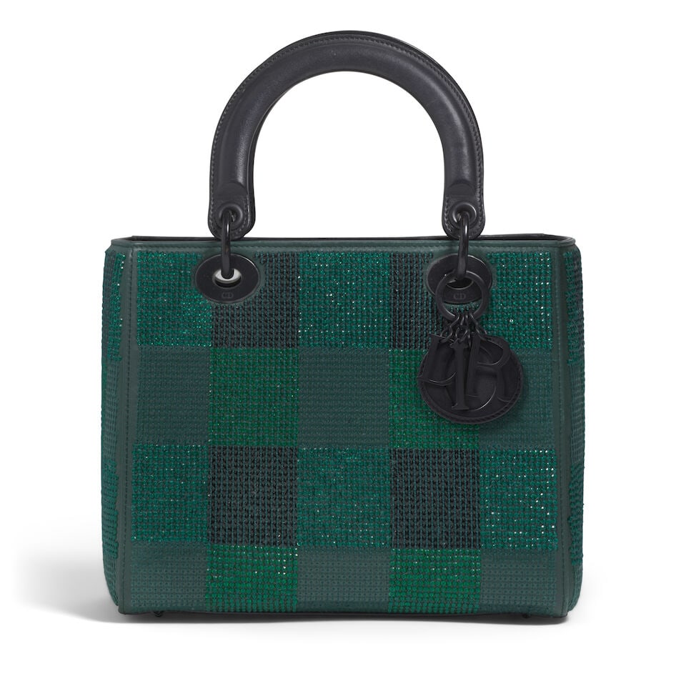 CHRISTIAN DIOR: GREEN CRYSTAL EMBELLISHED MEDIUM LADY DIOR 2019 | Maria Grazia Chiuri: CHRISTIAN DIOR: GREEN CRYSTAL EMBELLISHED MEDIUM LADY DIOR 2019 | Maria Grazia Chiuri • Green and Black Crystal Embellished Checkered Exterior • Black Tone Hardware and Protective Feet