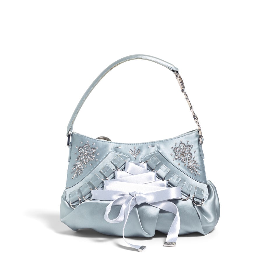 CHRISTIAN DIOR: BLUE SATIN EMBELLISHED BALLERINA CORSET BAG Fall 2004 | John Galliano: CHRISTIAN DIOR: BLUE SATIN EMBELLISHED BALLERINA CORSET BAG Fall 2004 | John Galliano • Blue Satin Exterior with Corset and Silver Tone D Ring Detail • Beaded Embroidery Detail Throughout