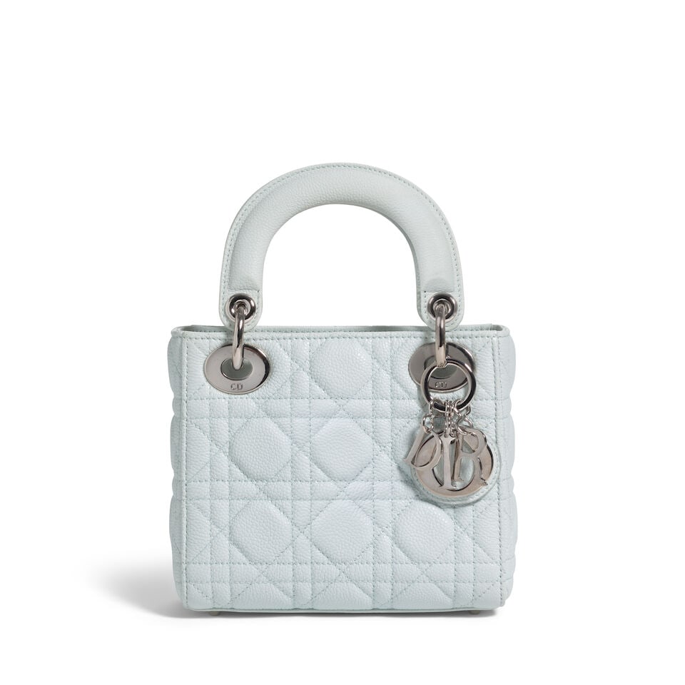 CHRISTIAN DIOR: BLUE CANNAGE CALFSKIN MINI LADY DIOR 2015 | Raf Simons: CHRISTIAN DIOR: BLUE CANNAGE CALFSKIN MINI LADY DIOR 2015 | Raf Simons • Mint Green Grained Calfskin Cannage Quilted Exterior • Silver Tone Hardware and Protective Feet at Base •