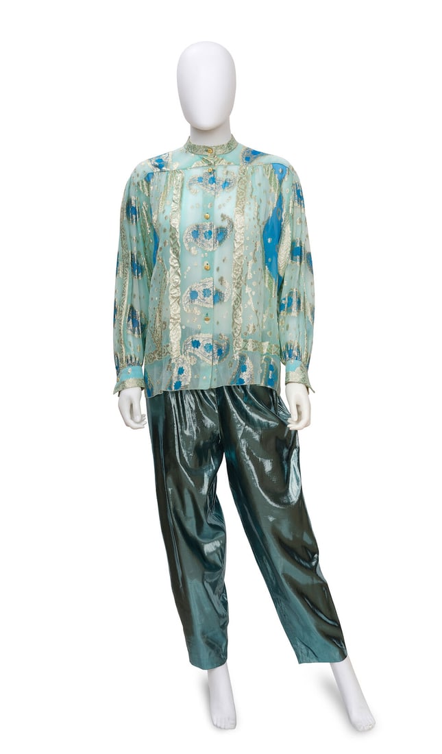 CHRISTIAN DIOR: BLUE AND GOLD BROCADE ENSEMBLE 1970'S | Marc Bohan: CHRISTIAN DIOR: BLUE AND GOLD BROCADE ENSEMBLE 1970'S | Marc Bohan • No Size Marked | Fits Like a Medium • Blue and Gold Lurex Silk Chiffon Exterior Blouse • Blue Silk Lamé Trou