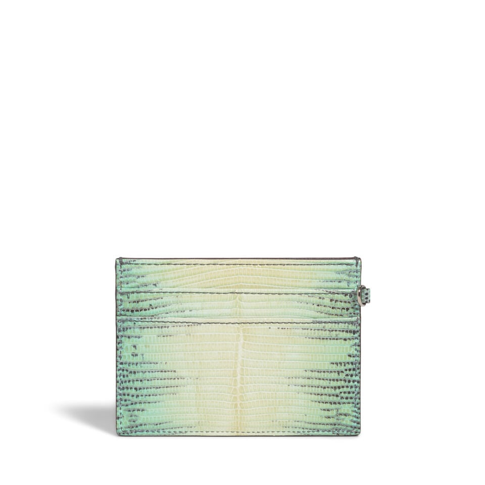 CHRISTIAN DIOR: GREEN OMBRE LIZARD CARD HOLDER 2016 | Maria Grazia Chiuri: CHRISTIAN DIOR: GREEN OMBRE LIZARD CARD HOLDER 2016 | Maria Grazia Chiuri • Green Lizard Exterior • Two Exterior Card Slots • Brown Leather Lined Interior • Measures 10