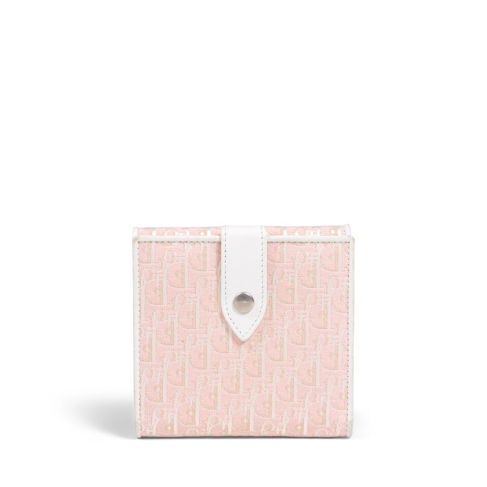 CHRISTIAN DIOR: PINK DIORISSMO LOGO WALLET Spring 2004 | John Galliano: CHRISTIAN DIOR: PINK DIORISSMO LOGO WALLET Spring 2004 | John Galliano • Pink Diorissmo Fabric and White Leather Trim Exterior • Silver Tone Hardware • Snap Closure • Exterior