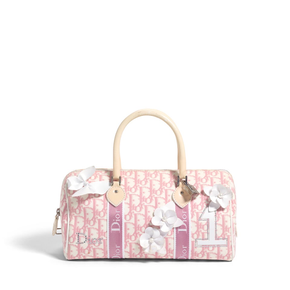 CHRISTIAN DIOR: PINK DIORISSIMO GIRLY BOSTON BAG WITH ACCESSORIES 2003 | John Galliano: CHRISTIAN DIOR: PINK DIORISSIMO GIRLY BOSTON BAG WITH ACCESSORIES 2003 | John Galliano • Pink Diorissimo Canvas Exterior with Crystal Logo Details and Leather Flower Applique • Silver Tone