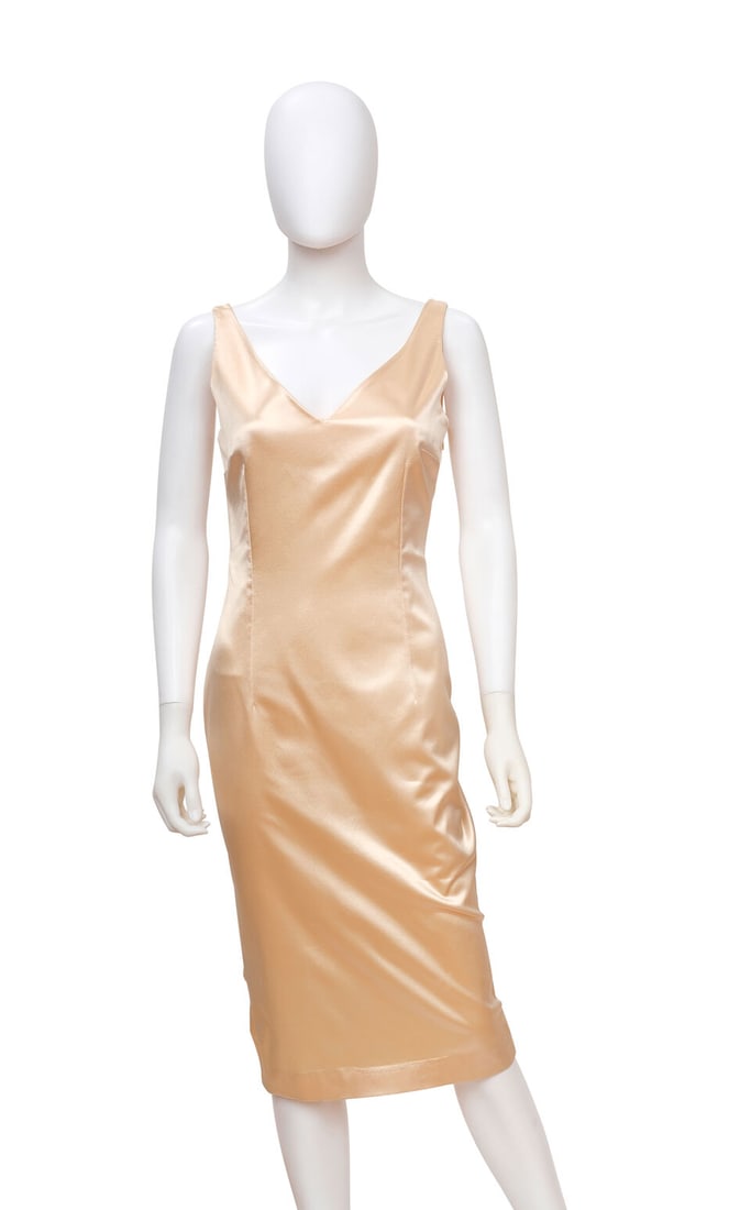 CHRISTIAN DIOR: PEACH SATIN SLEEVELESS DRESS Spring 2004 | John Galliano (1 of 3)