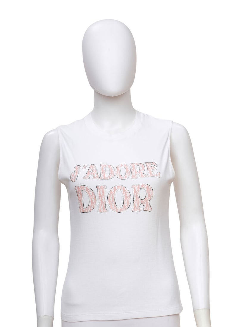 CHRISTIAN DIOR: WHITE CRYSTAL EMBELLISHED DIORISSIMO 'J'ADORE' SLEEVELESS TOP Spring 2004 | John...: CHRISTIAN DIOR: WHITE CRYSTAL EMBELLISHED DIORISSIMO 'J'ADORE' SLEEVELESS TOP Spring 2004 | John Galliano • Marked Size 42 • White Cotton Exterior • Crystal Embellished 'J'Adore Dior