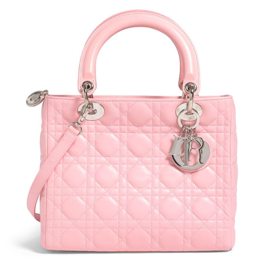 CHRISTIAN DIOR: PINK CANNAGE LEATHER MEDIUM LADY DIOR 2004 | John Galliano: CHRISTIAN DIOR: PINK CANNAGE LEATHER MEDIUM LADY DIOR 2004 | John Galliano • Pink Lambskin Cannage Quilted Exterior • Silver Tone Hardware and Protective Feet at Base • Zip Closure &