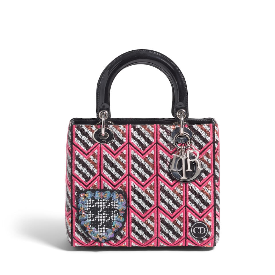 CHRISTIAN DIOR: LIMITED EDITION PINK SEQUIN MEDIUM LADY DIOR 2015 | Raf Simons: CHRISTIAN DIOR: LIMITED EDITION PINK SEQUIN MEDIUM LADY DIOR 2015 | Raf Simons • Pink Sequin and Embroidered Exterior with Logo and Pack Pocket Detail • Silver Tone Hardware and