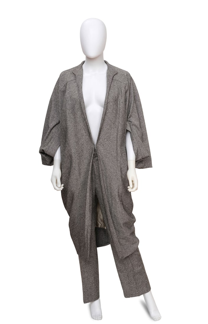 CHRISTIAN DIOR: GRAY TWEED DRAPED COAT ENSEMBLE Fall 1998 | John Galliano (1 of 3)