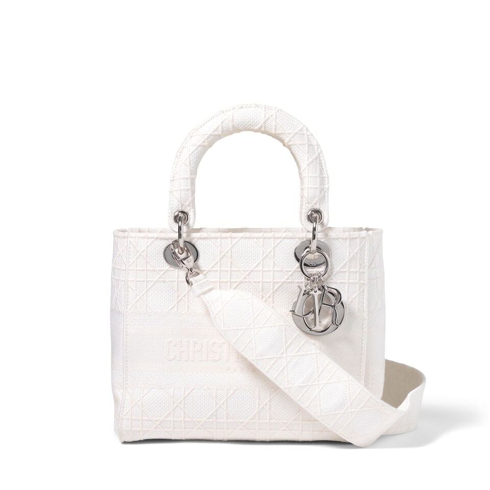 CHRISTIAN DIOR: WHITE EMBROIDERED CANNAGE CANVAS MEDIUM D-LITE 2020 | Maria Grazia Chiuri - 2