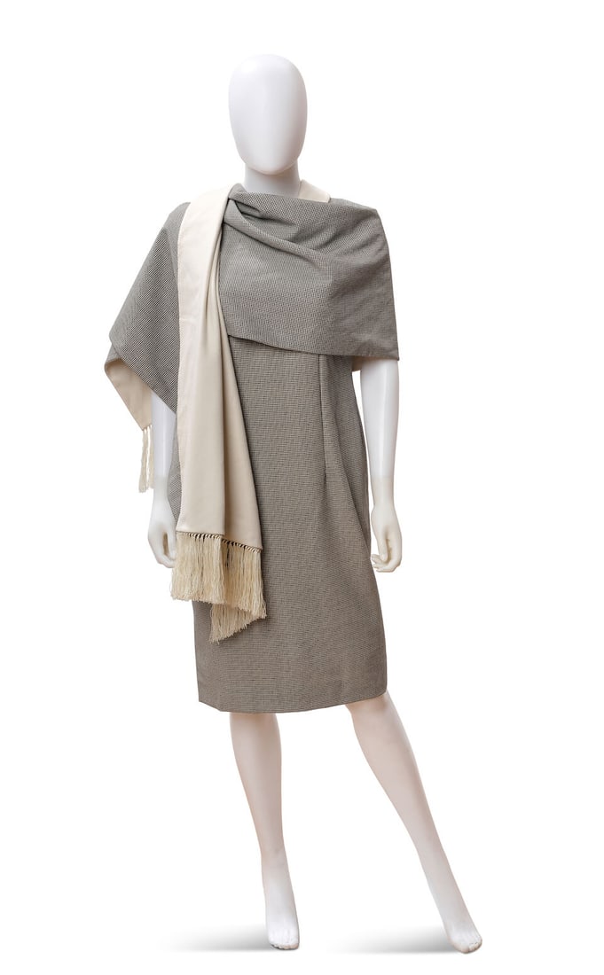 CHRISTIAN DIOR: HOUNDSTOOTH CAP SLEEVE DRESS AND FRINGE SHAWL ENSEMBLE Fall 1999 | John Galliano (1 of 2)