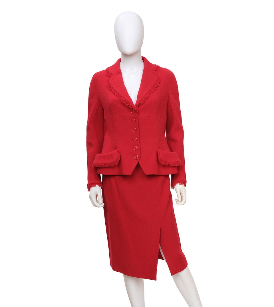 CHRISTIAN DIOR: RED TWEED FRINGE SKIRT SUIT ENSEMBLE Fall 2009 | John Galliano: CHRISTIAN DIOR: RED TWEED FRINGE SKIRT SUIT ENSEMBLE Fall 2009 | John Galliano • Marked Size 40 • Red Wool Tweed Exterior with Fringe Detail • Button Closure Jacket | Zip and Hook Cl