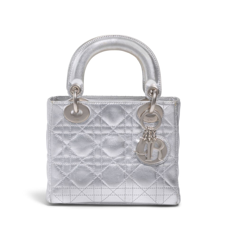 CHRISTIAN DIOR: METALLIC SILVER CANNAGE LEATHER MINI LADY DIOR 1997 | John Galliano: CHRISTIAN DIOR: METALLIC SILVER CANNAGE LEATHER MINI LADY DIOR 1997 | John Galliano • Metallic Silver Lambskin Cannage Quilted Exterior • Brushed Silver Tone Hardware and Protective Feet a