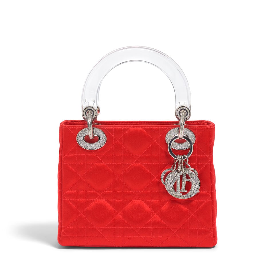 CHRISTIAN DIOR: RED CANNAGE SATIN MINI LADY DIOR 1999 | John Galliano: CHRISTIAN DIOR: RED CANNAGE SATIN MINI LADY DIOR 1999 | John Galliano • Red Satin Cannage Quilted Exterior • Silver Tone Hardware with Crystal Embellishment Detail • Fold In Flap Clo